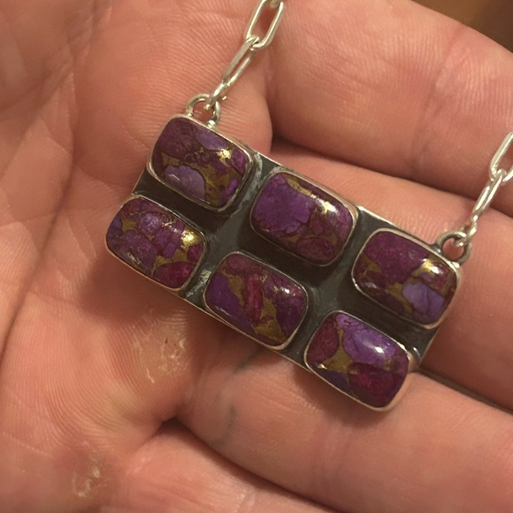 STERLING SILVER NATIVE AMERICAN SW PURPLE MOJAVE TURQUOISE BAR NECKLACE .925 - Picture 7 of 10
